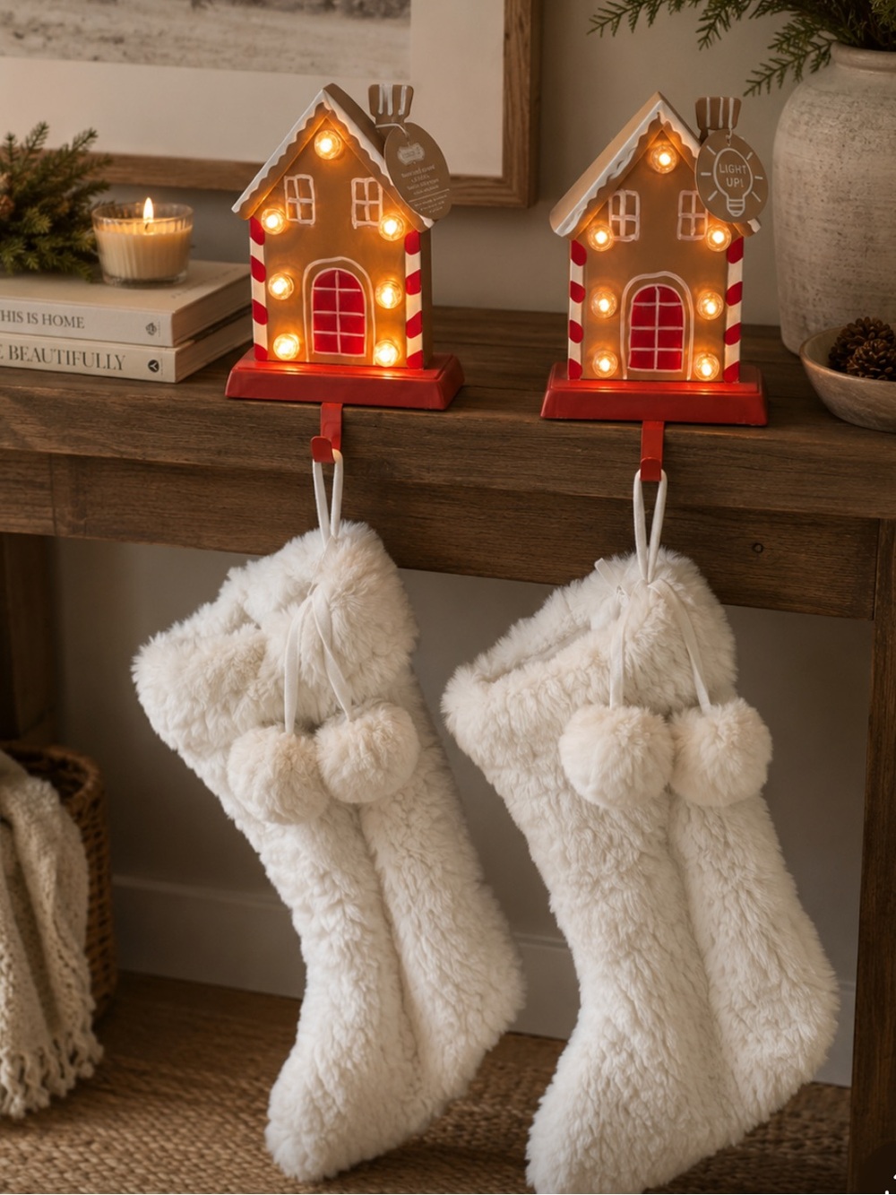 Bundle 2 Mudpie Christmas Stocking Metal Holders and 2 white faux fur stockings